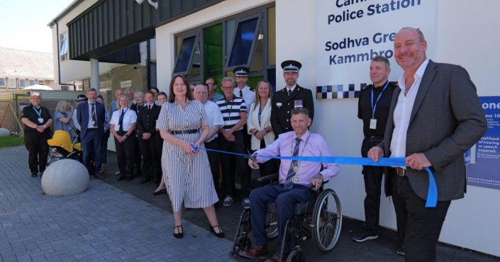 Commissioner Alison Hernandez and MP Perran Moon hold the ribbon which was cut by Camborne Mayor Cllr James Ball