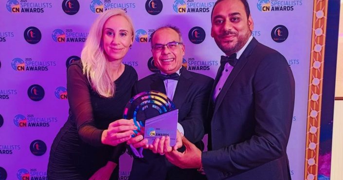 Elizabeth Record, Assistant Project Development Manager for Prisoners Building Homes, Debansu Das, Business Development Director ZED PODS and Lalit Chauhan, FCIAT Design Director at ZED PODS pictured holding the award at the gala evening