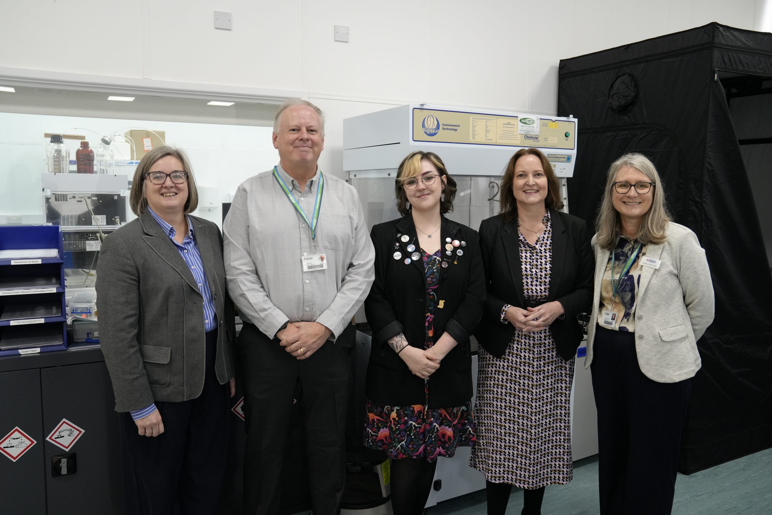 group1 L-R, Deputy vice-chancellor Professor Michelle Jones, Dave Moore, programme lead for the Forensic Programme, lecturer Hebe Unwin, Police and Crime Commissioner Alison Hernandez and vice-chancellor Professor Claire Taylor
