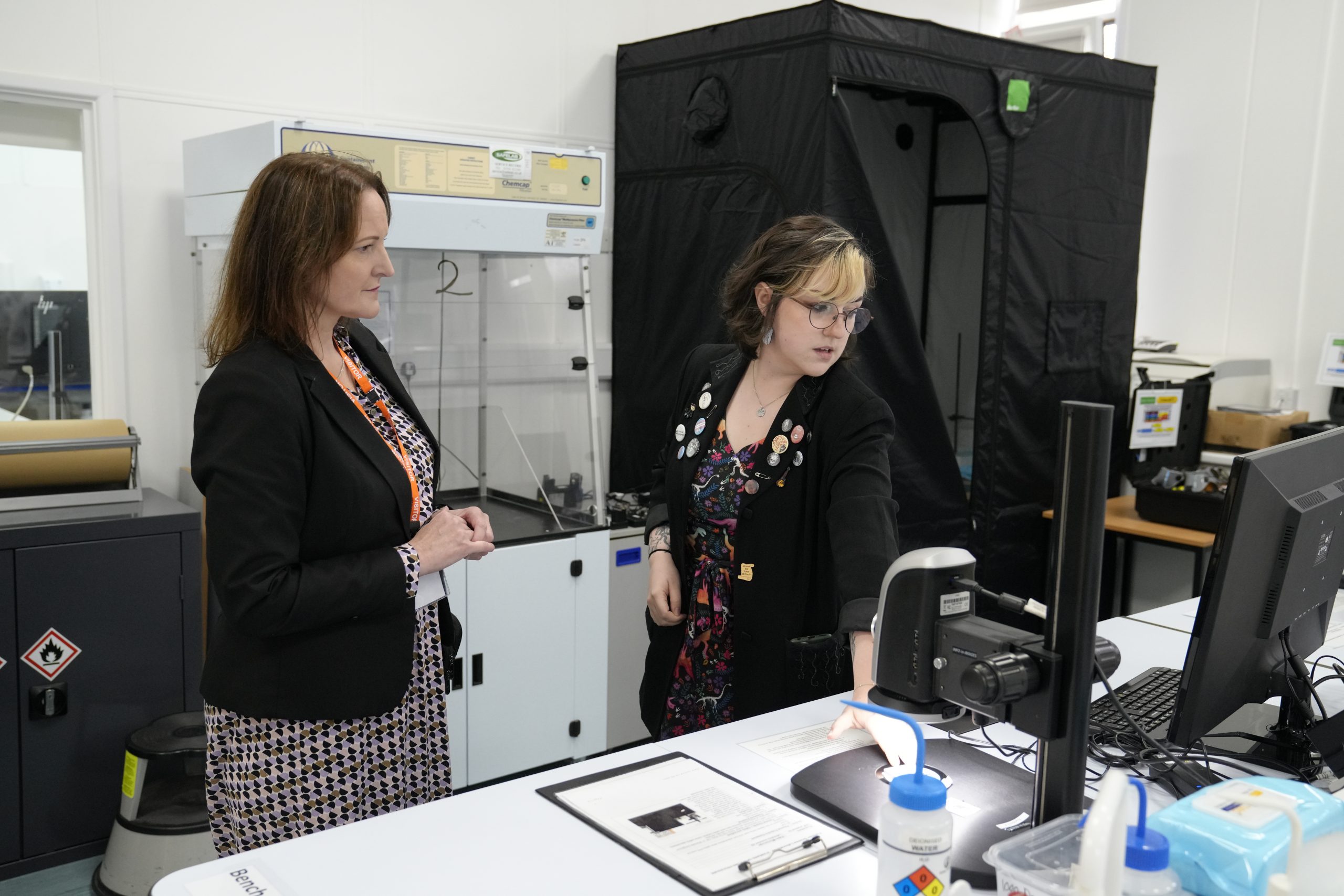 show The Commissioner being shown one of the forensic labs at the university by lecturer Hebe Unwin