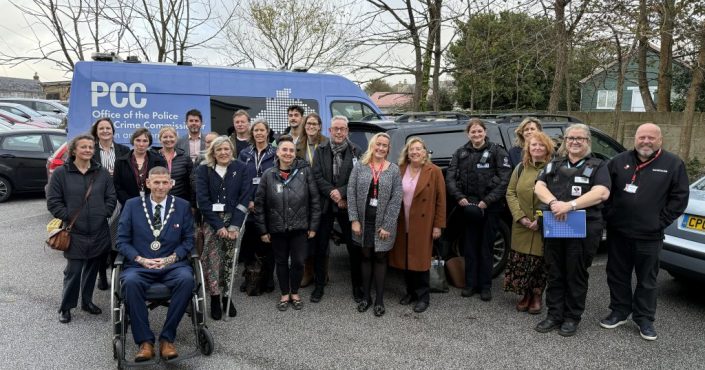 Attendees at the launch of Street Focus Camborne stood in front of the PCC engagement van