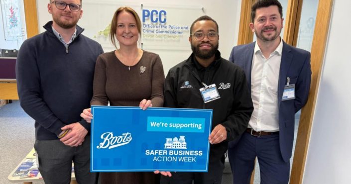 Commissioner Alison Hernandez with Boots representatives marking the launch of Devon, Cornwall and Isles of Scilly Business Crime Reduction Partnership (BCRP)