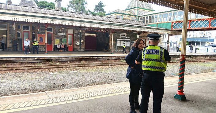 Police and Crime Commissioner Alison Hernandez with a police officer at Torquay Railway Station