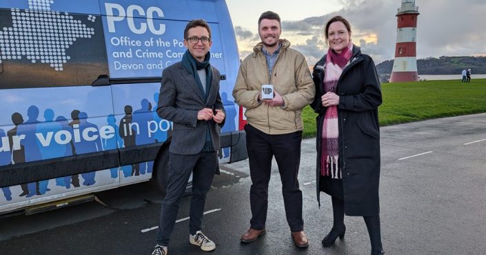 The Plymouth Safe Bus podcast being filmed on Plymouth Hoe - L to R, Ben Woolvin, OPCC head of communications and public affairs, Will Price, paramedic and founder of WMS, Alison Hernandez, Police and Crime Commissioner