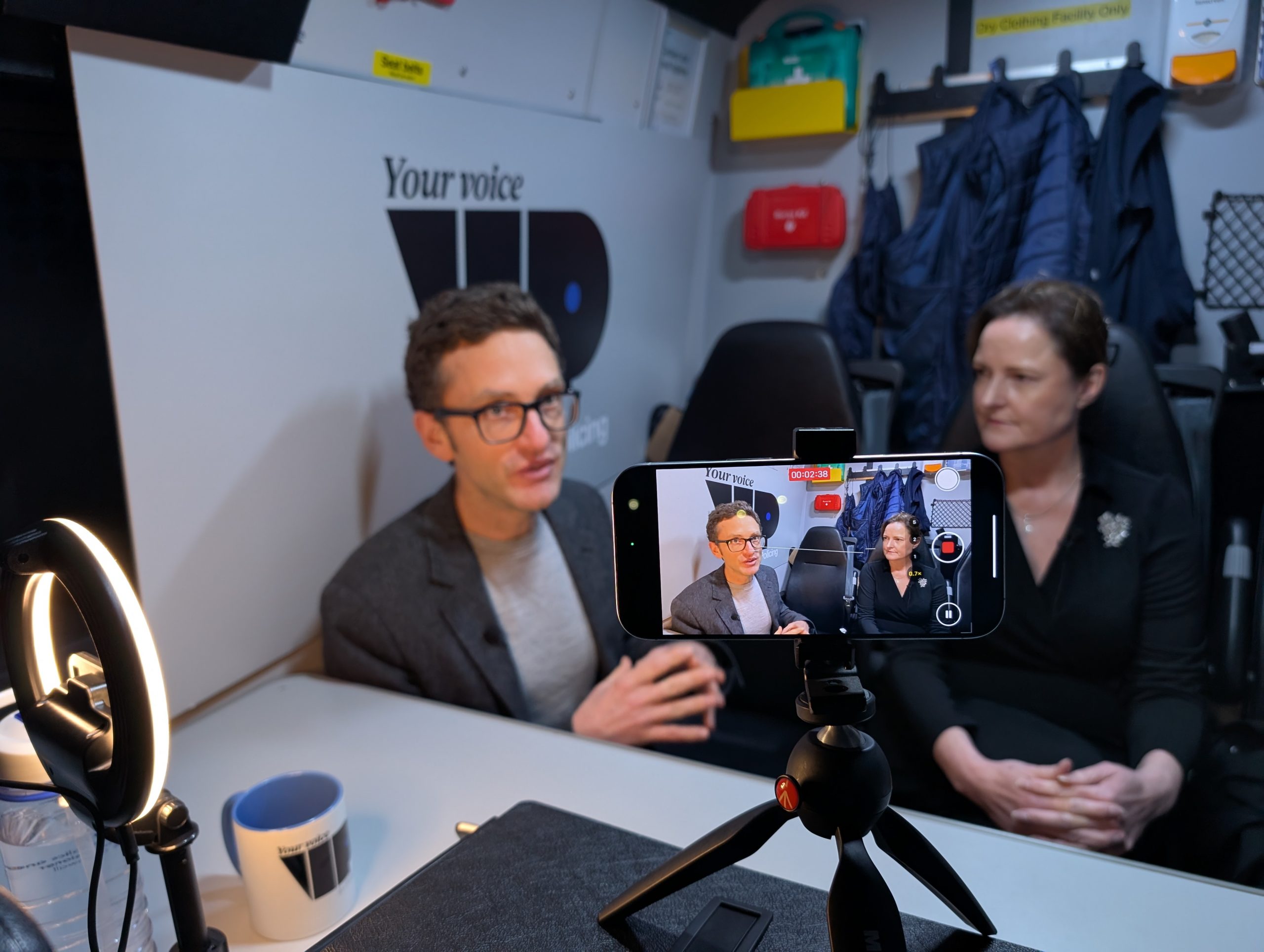 The podcast being filmed in Plymouth - L to R, Ben Woolvin, OPCC head of communications and public affairs, and Alison Hernandez, Police and Crime Commissioner