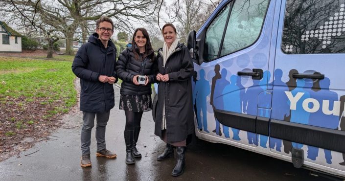 L-R, Ben Woolvin, head of communications and public affairs, Rebecca Hewitt, Teignbridge District Council strategy and policy manager and chair of South Devon and Dartmoor Community Safety Partnership, and Police and Crime Commissioner Alison Hernandez stood outside the OPCC engagement van in Newton Abbot’s Courtenay Park