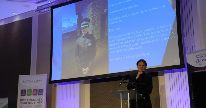 Devon & Cornwall Police Assistant Chief Constable Nikki Leaper at the International Women's Day event showing the social media picture that caused hateful comments