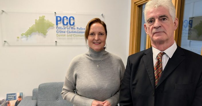 Police and Crime Commissioner Alison Hernandez with Diarmuid MacDonagh, Newsquest Regional Editor for Dorset, Devon and Cornwall stood together inside the OPCC office