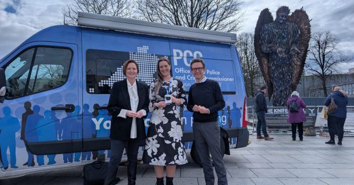 Becky Dustan, middle, recording the podcast in Plymouth with Police and Crime Commissioner Alison