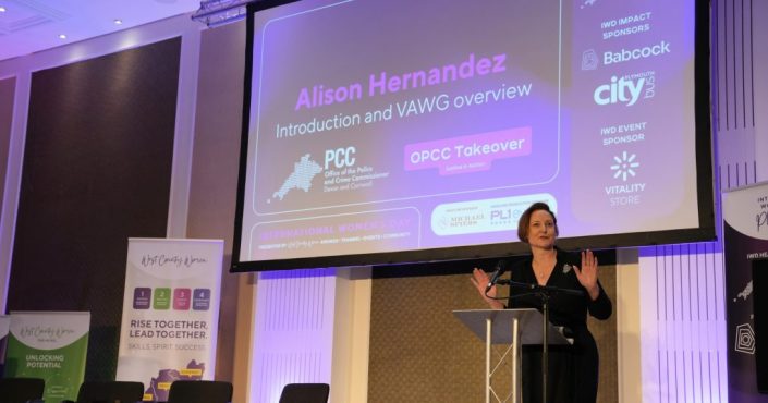 Police and Crime Commissioner Alison Hernandez giving a talk at an International Women's Day event in Plymouth