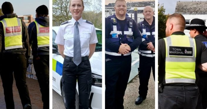 Four images of people in different uniforms carrying out patrols in Devon and Cornwall
