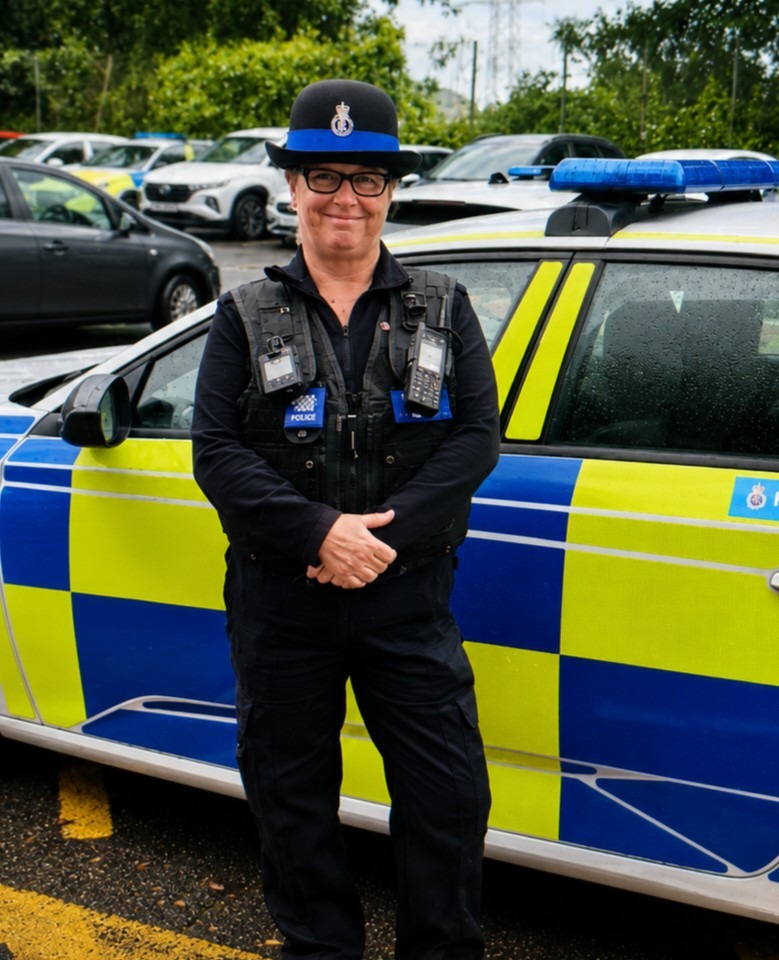 PCSO Di Glanfield pictured in uniform by a police car